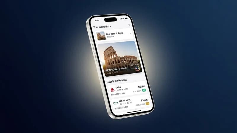 BusinessClassSignal app showing New York to Rome watchlist with Delta at $3,150 and ITA Airways at $3,480 business class fares with deal scores