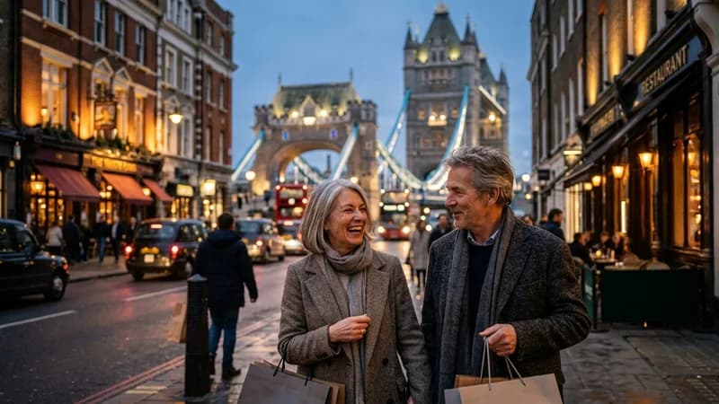 Street scene near London landmarks (Tower Bridge or Big Ben)