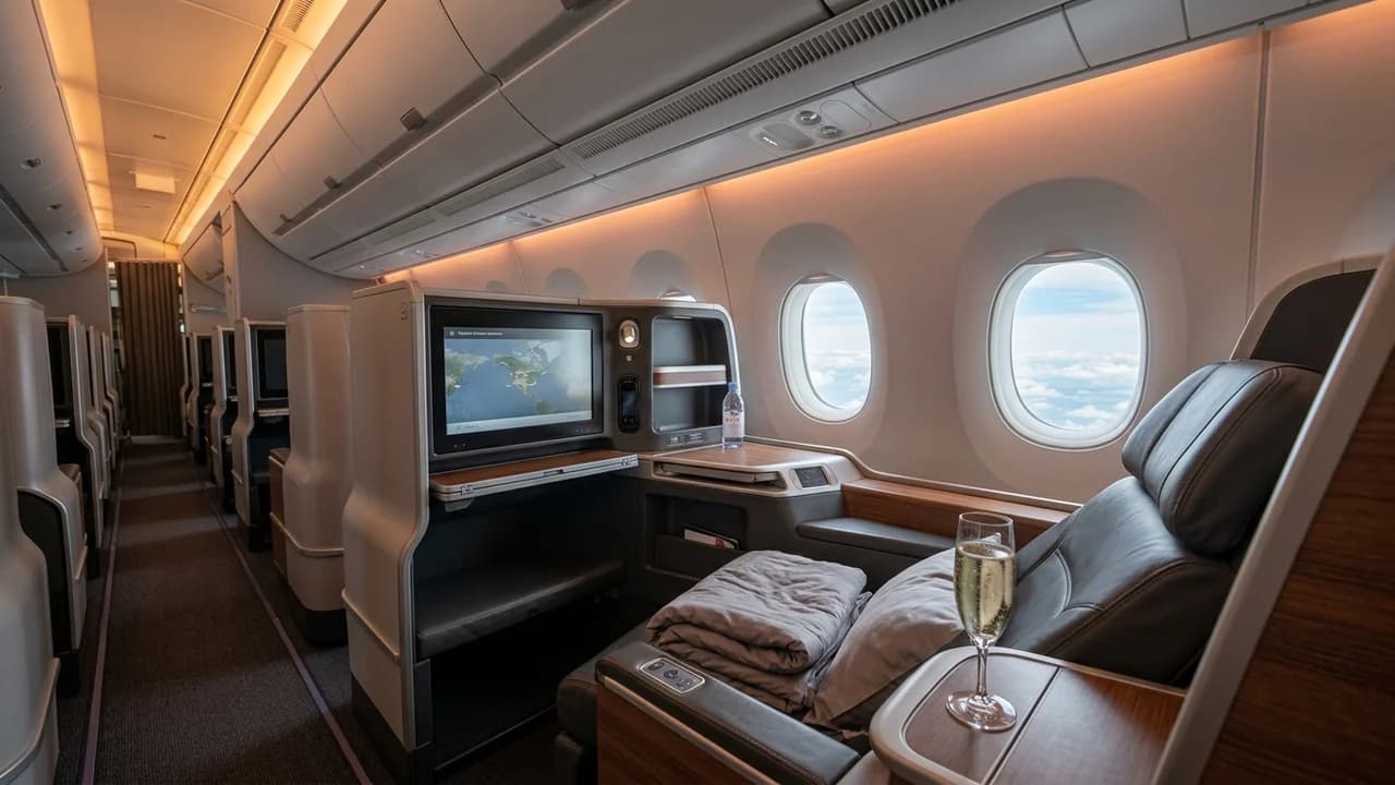 Etihad Airways business class cabin with lie-flat suite and premium amenities