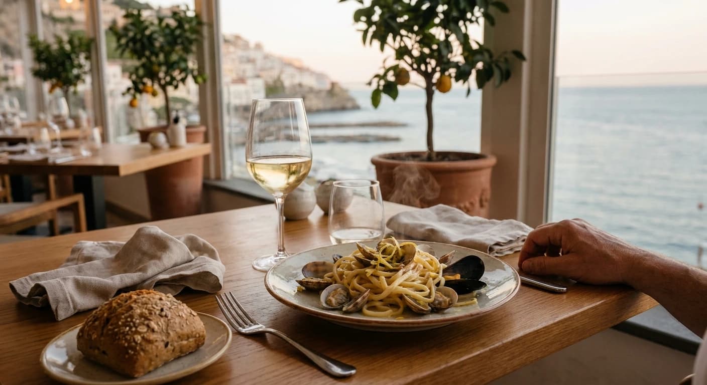 Fresh seafood pasta and limoncello on a sun-drenched Amalfi Coast terrace
