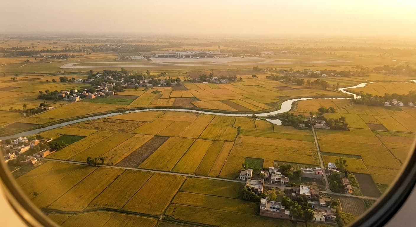 Approach to Amritsar airport with Punjab's golden landscape below