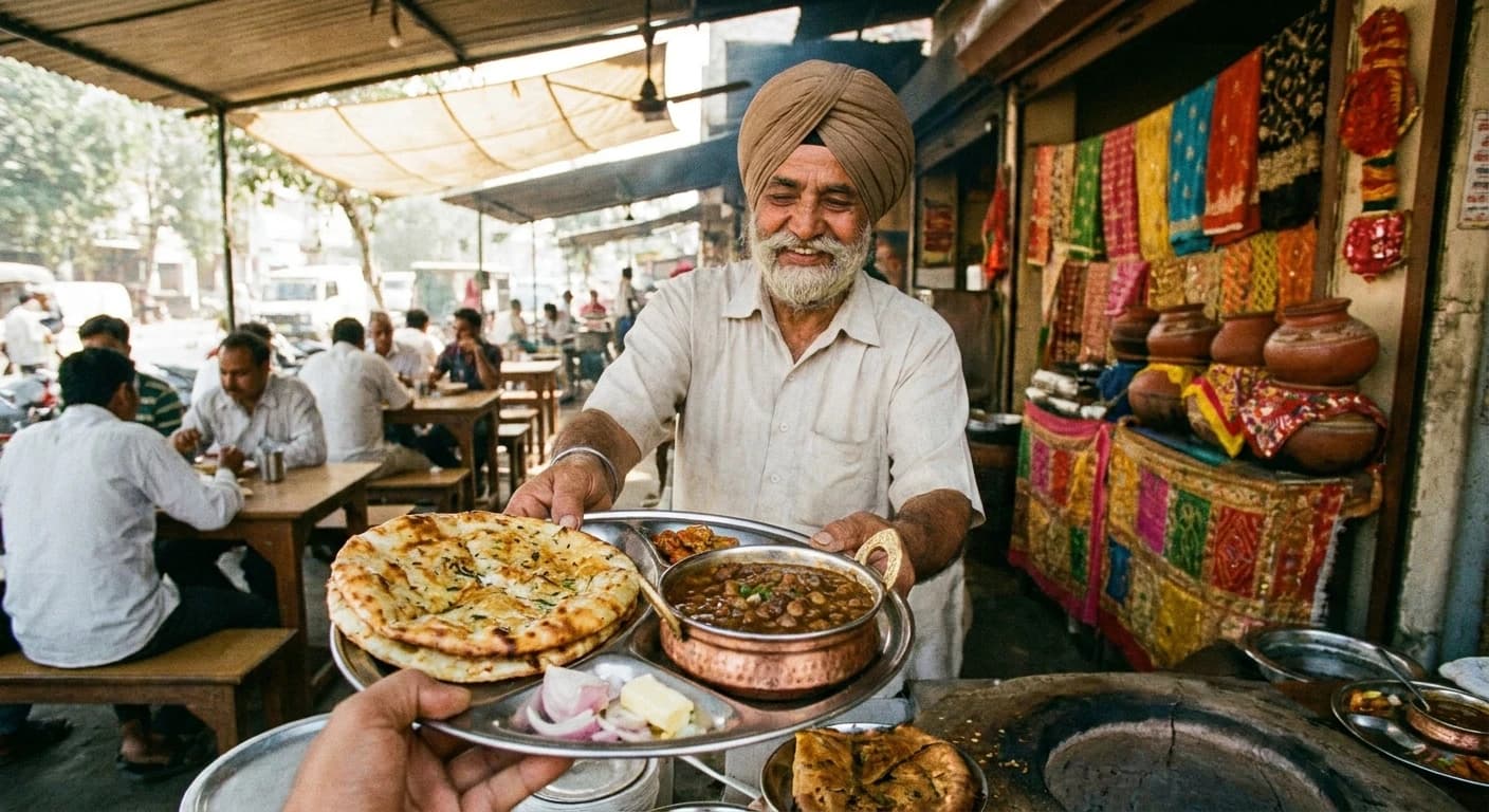 Authentic Amritsari kulcha and chole served at a traditional Punjabi dhaba