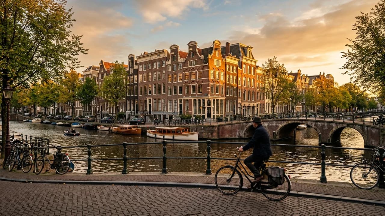 Iconic landmark in Amsterdam, the Netherlands at golden hour
