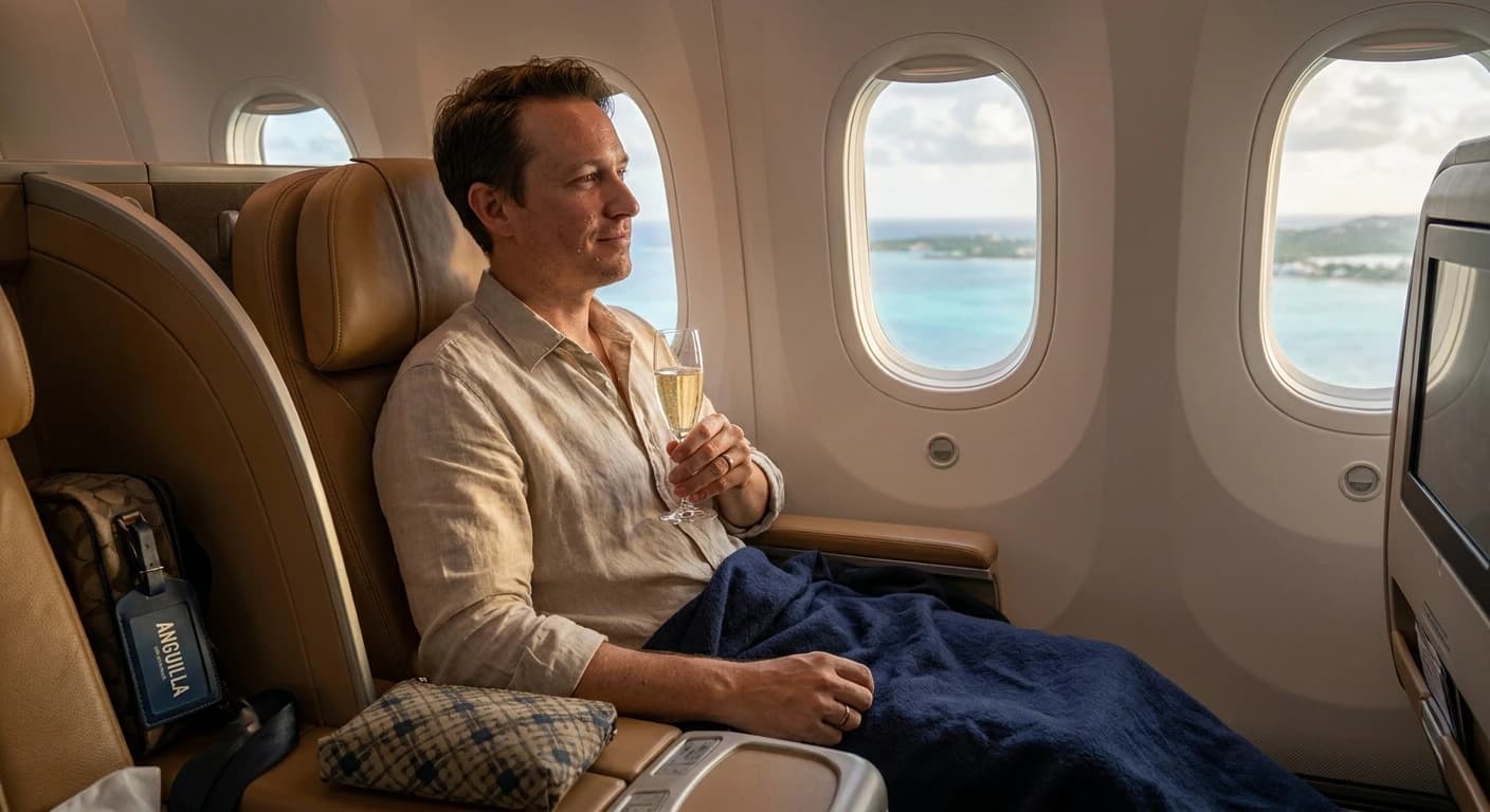Lie-flat business class cabin with premium amenities on a Caribbean-bound flight