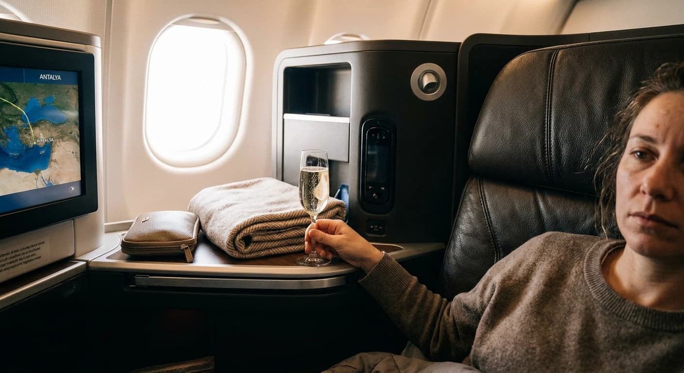 Turkish Airlines business class cabin with lie-flat seat and premium amenities