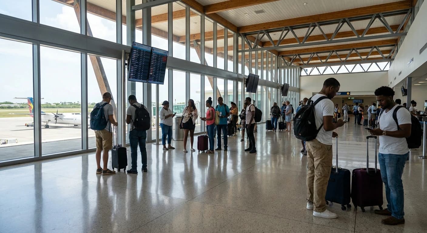 V.C. Bird International Airport terminal with Caribbean sunshine and palm trees
