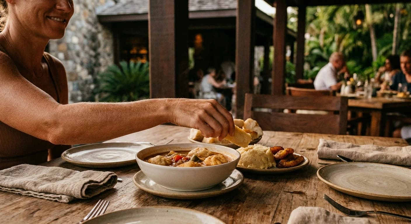 Fresh Caribbean seafood dining at a waterfront restaurant in English Harbour, Antigua
