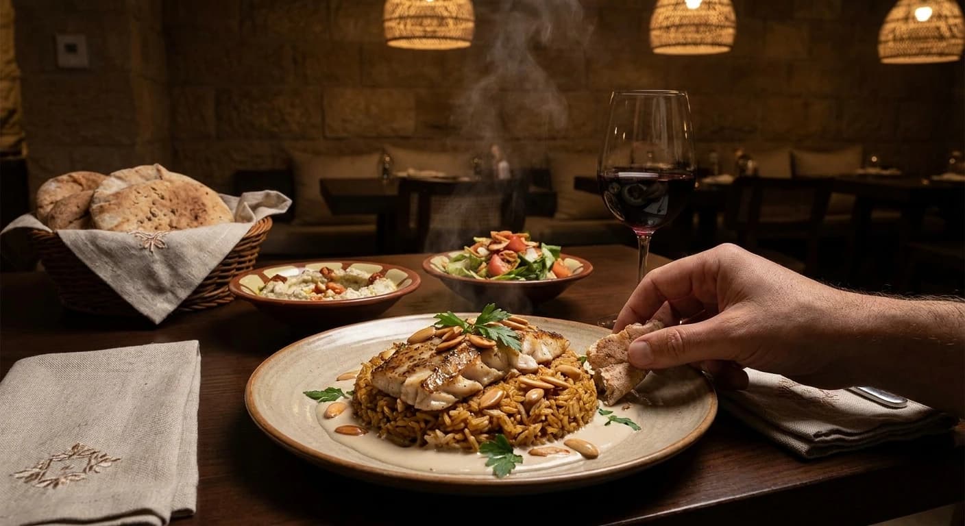 Fresh Red Sea seafood and traditional Jordanian mezze spread in Aqaba