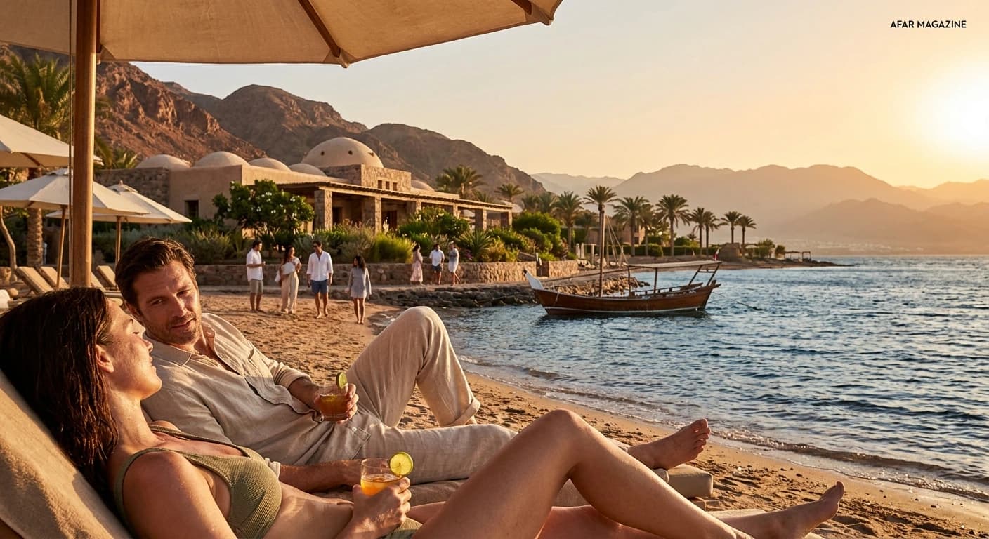 Luxury resort infinity pool overlooking the Red Sea in Aqaba, Jordan