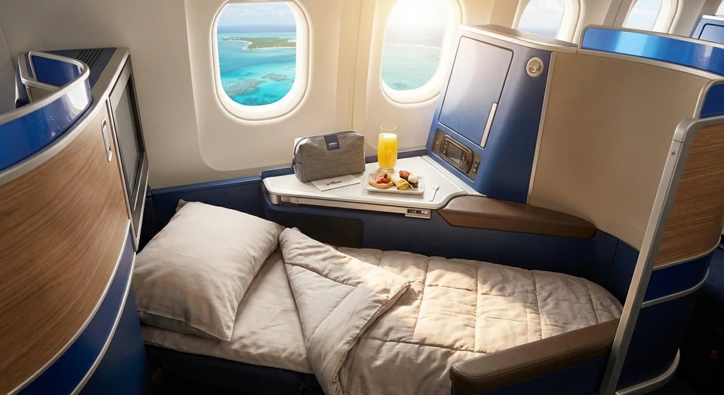 JetBlue Mint business class suite with lie-flat bed and premium amenities on flight to Aruba