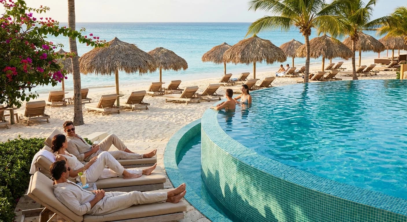 Luxury resort pool and Caribbean beachfront leisure scene in Aruba