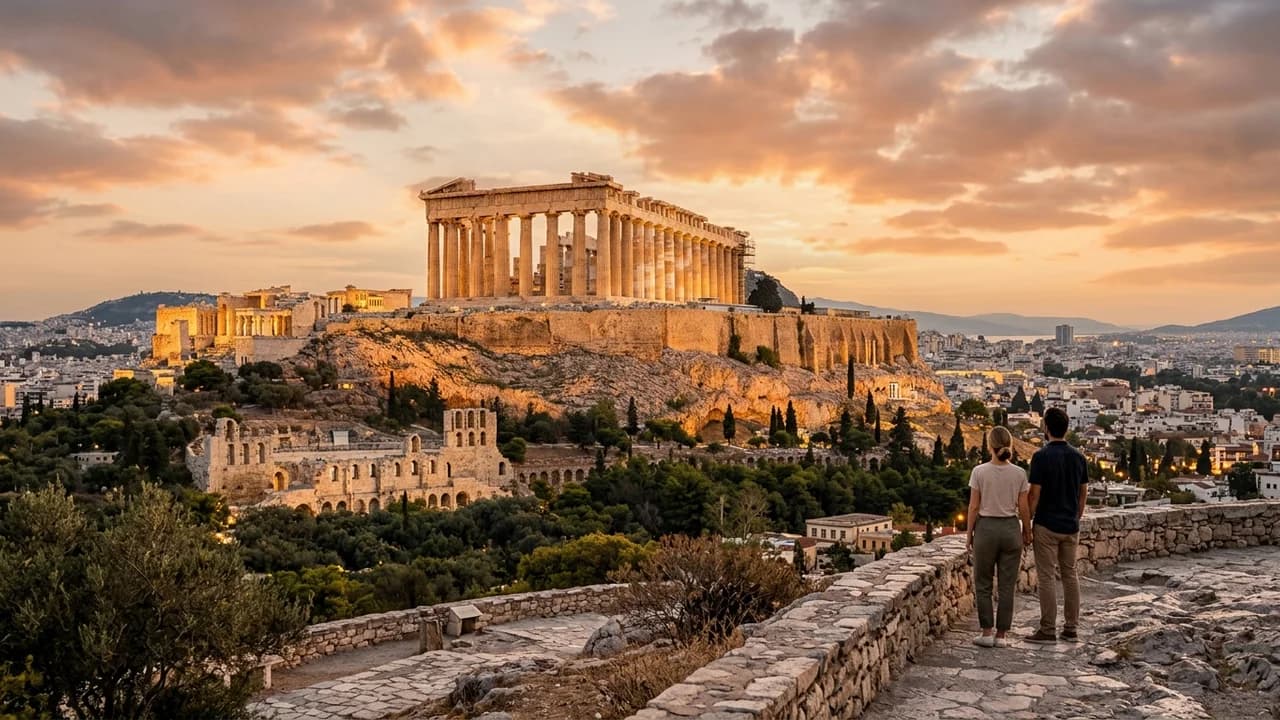 Iconic landmark in Athens, Greece at golden hour