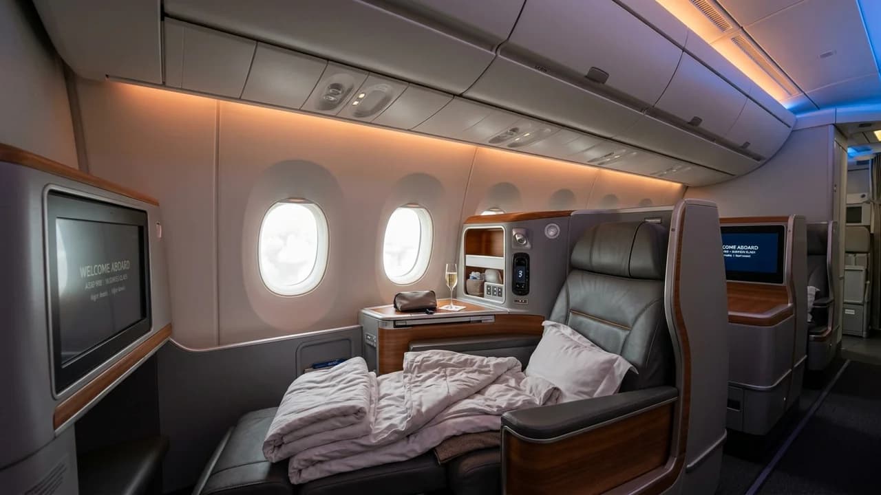 Air India business class cabin with lie-flat suite and premium amenities