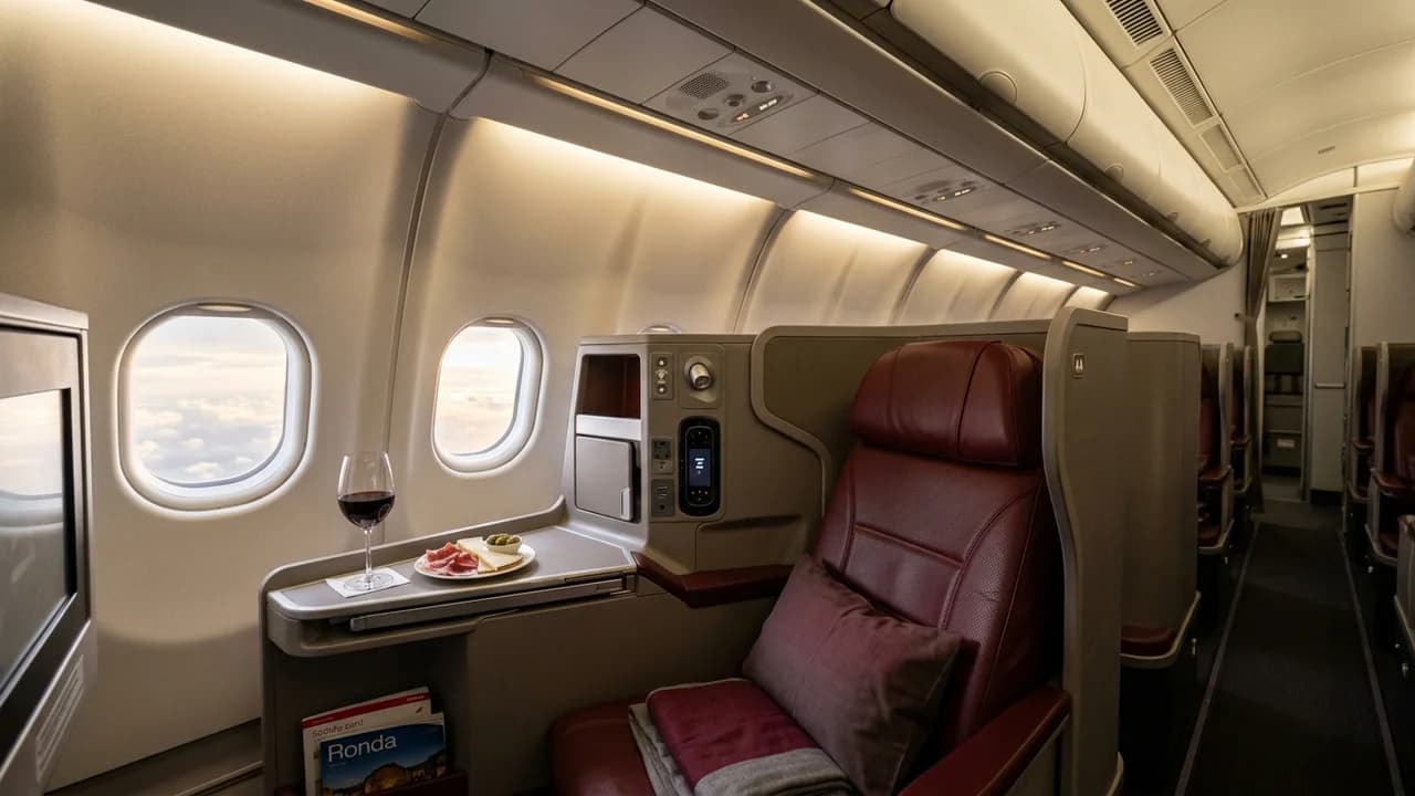 Iberia business class suite with Spanish wine, Ibérico ham, and warm Mediterranean cabin ambiance