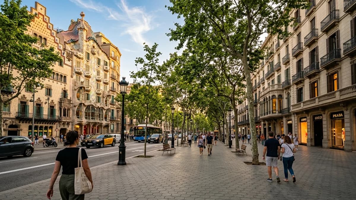 Passeig de Gràcia boulevard in Barcelona with Casa Batlló and tree-lined promenade