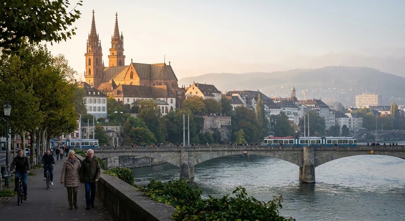 Basel's red sandstone Münster cathedral overlooking the Rhine river at golden hour