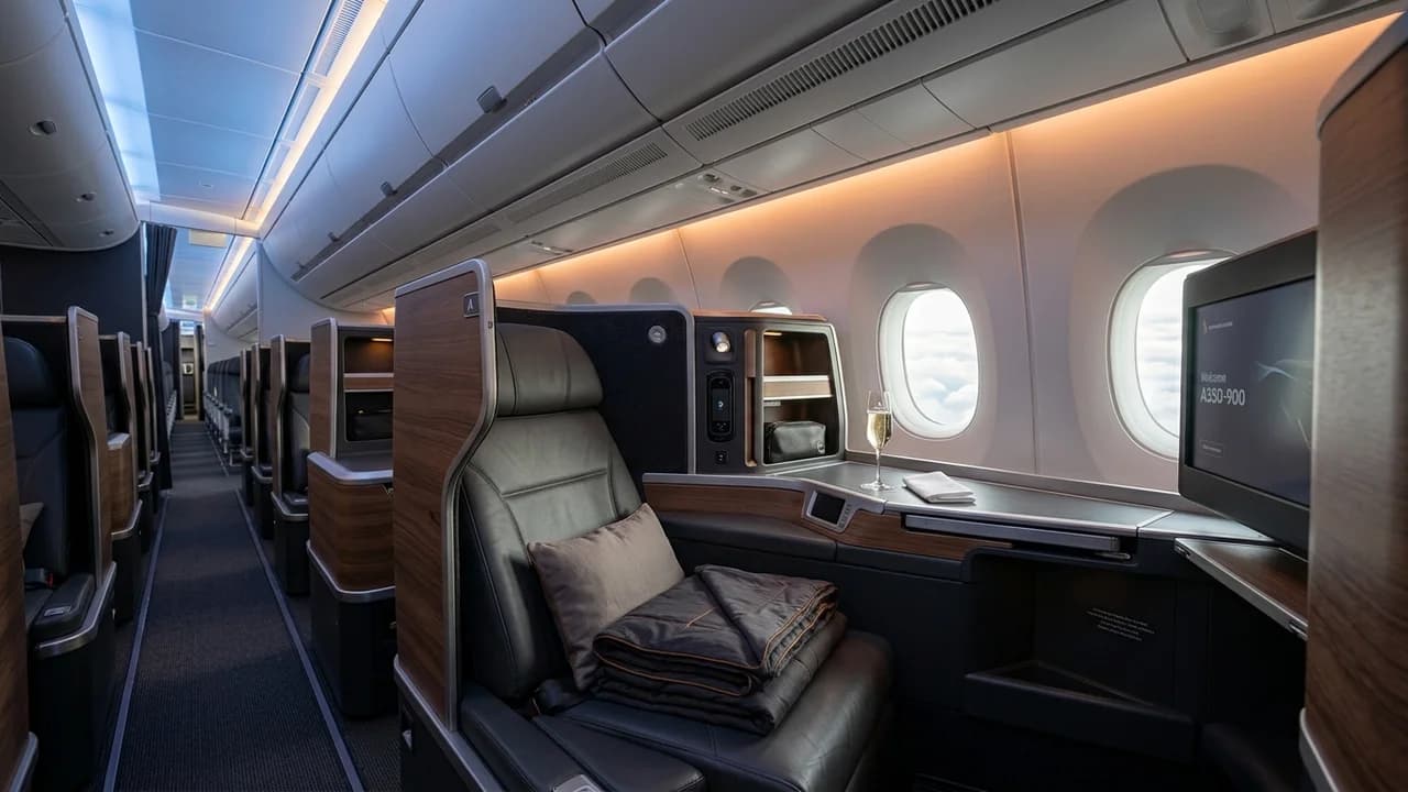 Air China business class cabin with lie-flat suite and premium amenities