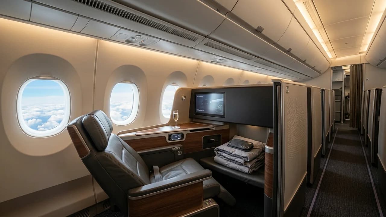 Air Serbia business class cabin with lie-flat suite and premium amenities