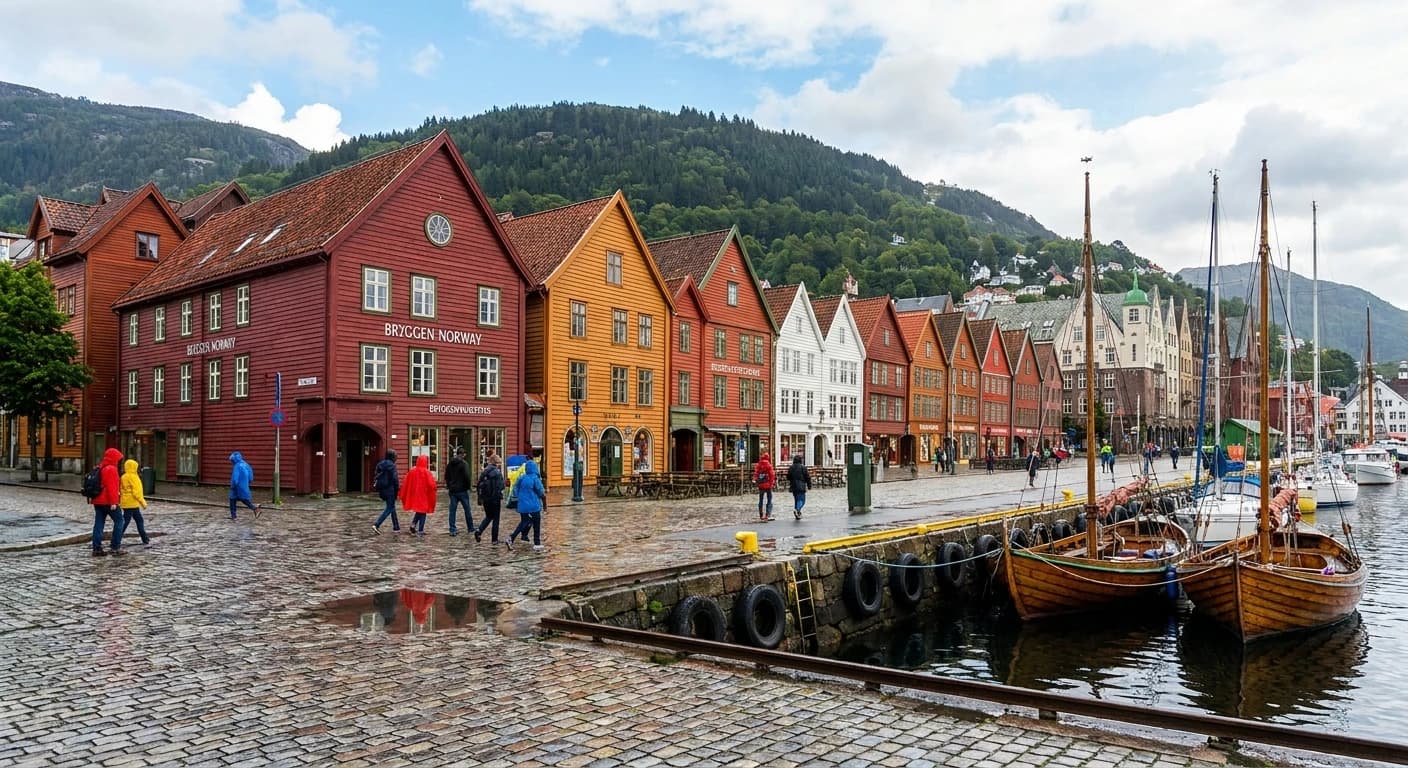 Bryggen wharf's colorful buildings in Bergen