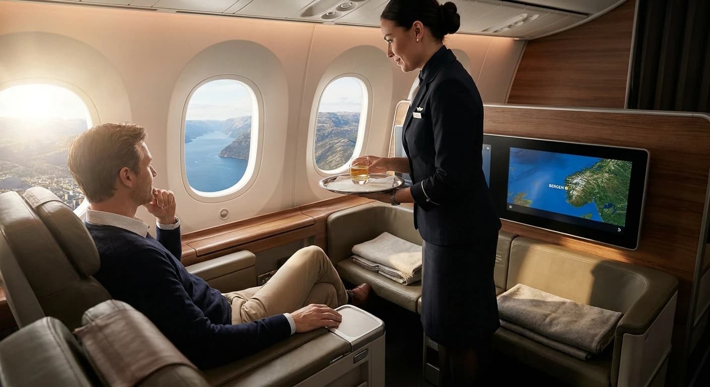 Business class cabin on flight to Bergen