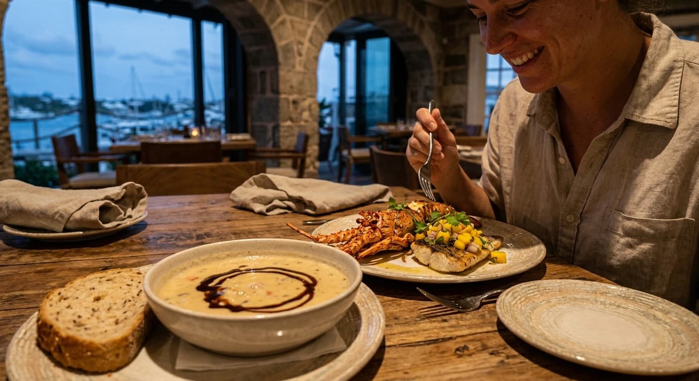 Fresh local seafood dining experience with harbor views in Bermuda