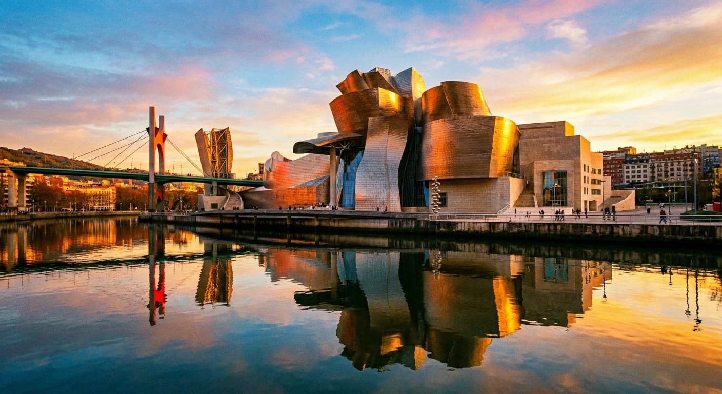 Guggenheim Museum Bilbao with titanium facade reflecting on the Nervión River at golden hour