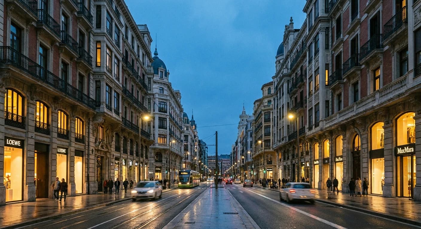 Elegant Gran Vía shopping boulevard in Bilbao's Ensanche district at dusk