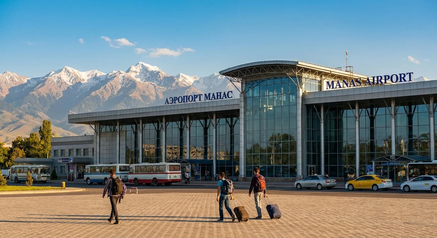 Manas International Airport terminal exterior with Tian Shan mountain backdrop
