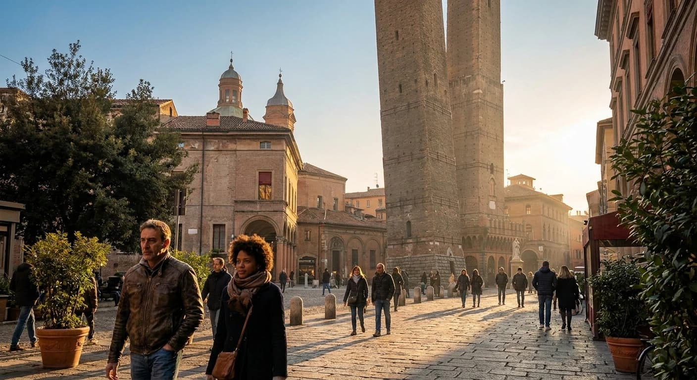 Piazza Maggiore Bologna with Basilica di San Petronio at golden hour
