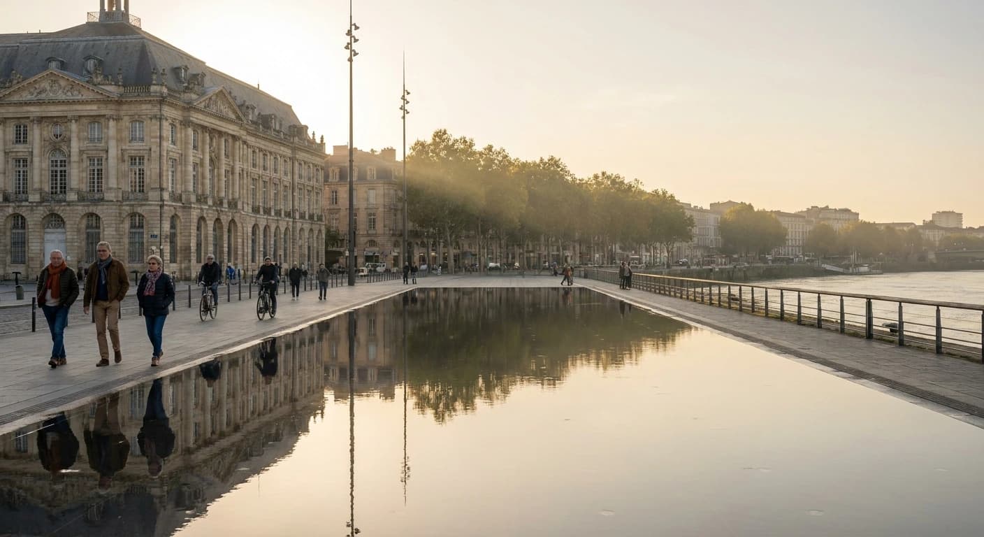 Place de la Bourse reflected in the Miroir d'Eau water mirror at golden hour in Bordeaux