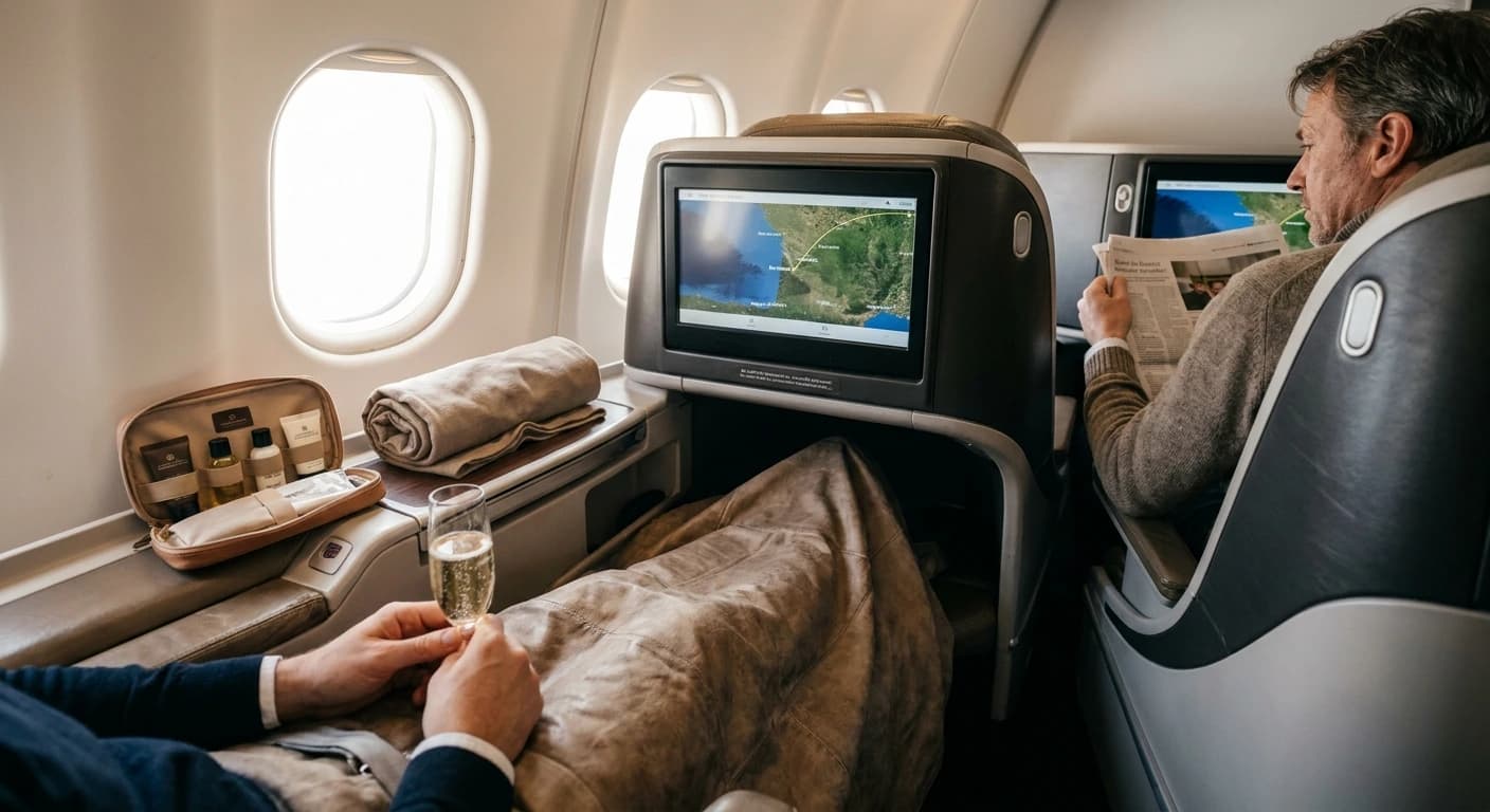 Air France business class cabin with lie-flat seat and premium French dining service