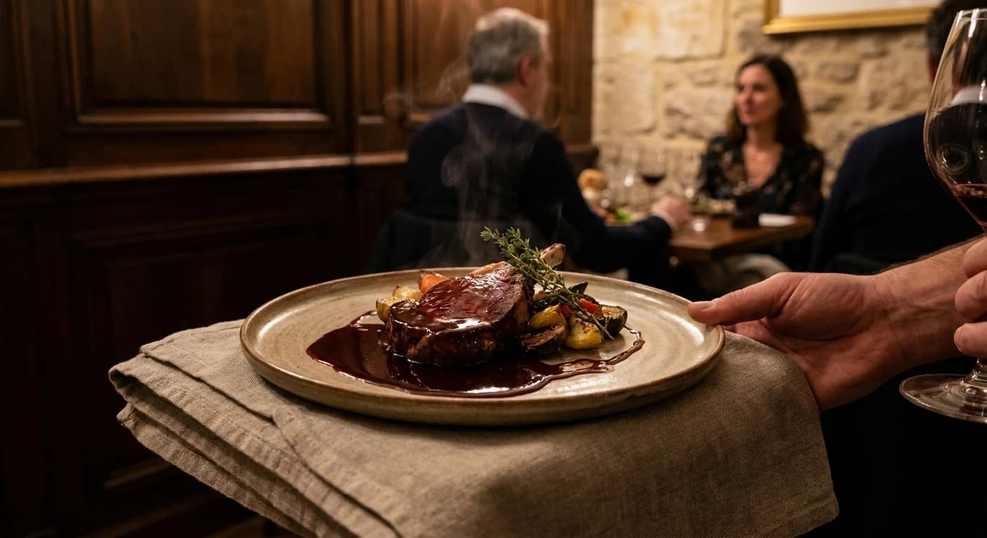 Elegant fine dining table setting with Bordeaux wine and regional French cuisine