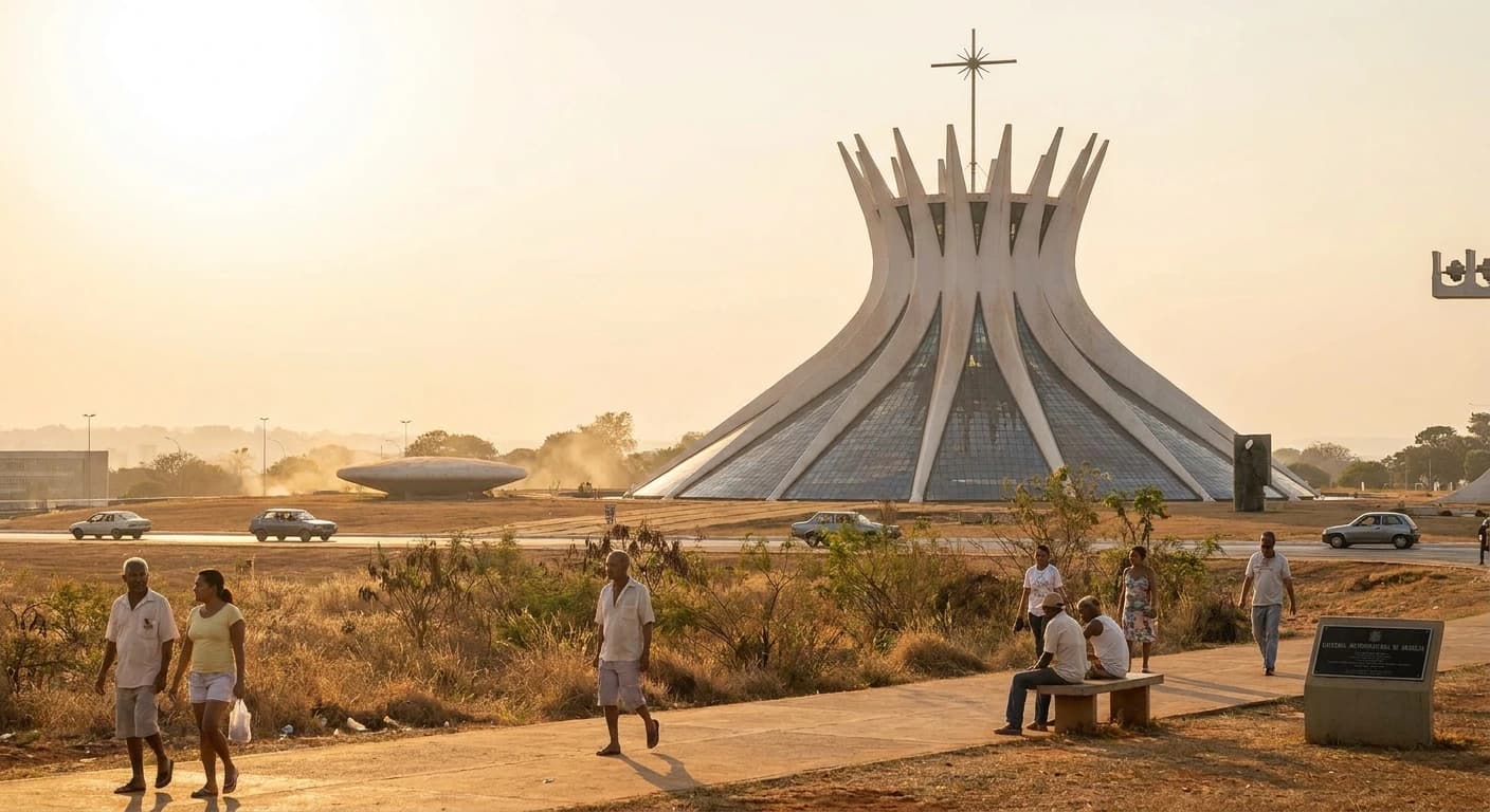 Oscar Niemeyer's Cathedral of Brasília with its iconic curved concrete columns at golden hour