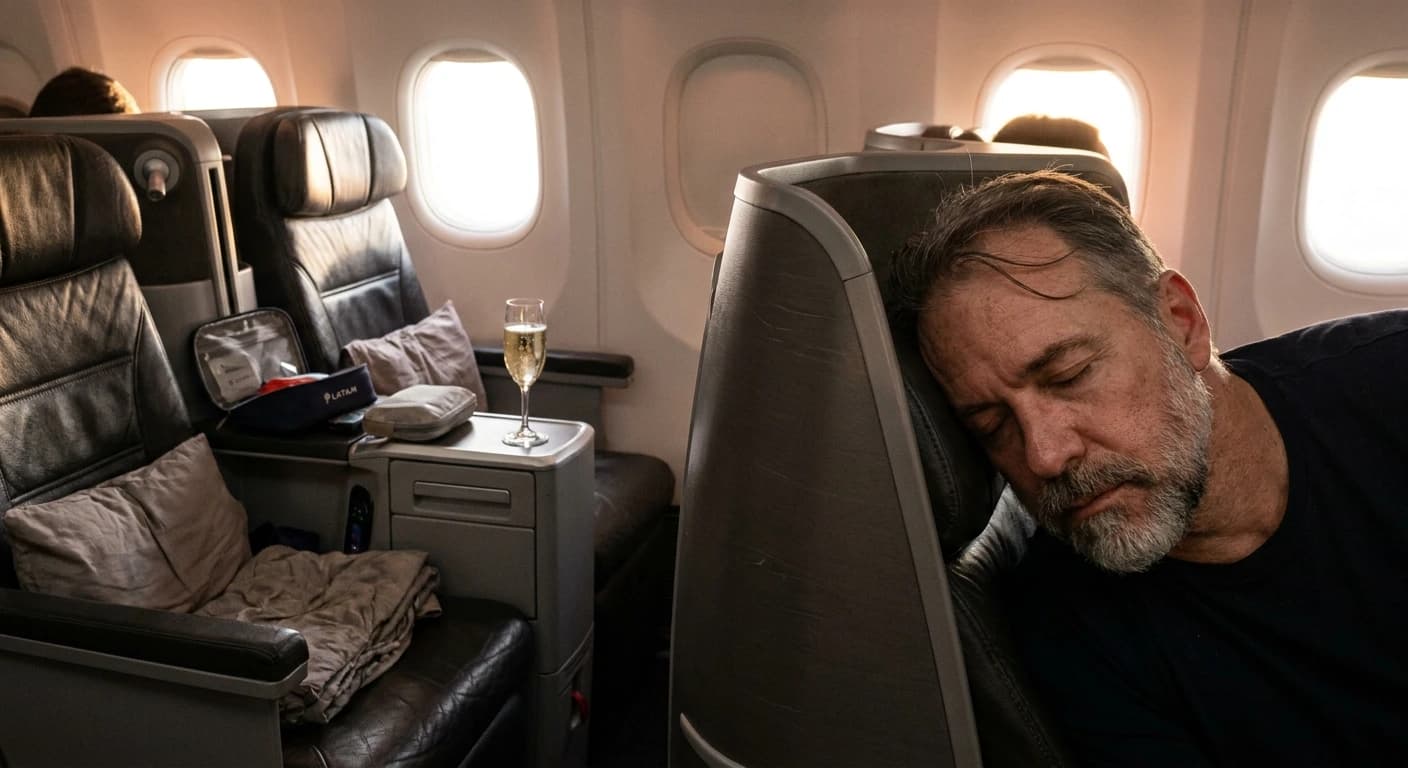 Business class lie-flat seat cabin with premium amenities on a flight to Brasília