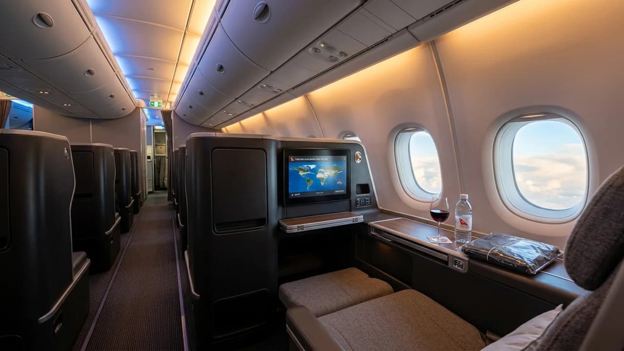 Qantas business class cabin with lie-flat suite and premium amenities