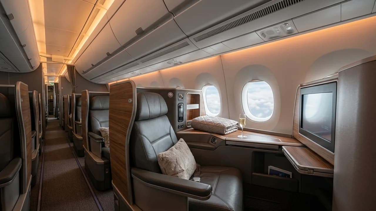 TAROM business class cabin with lie-flat suite and premium amenities