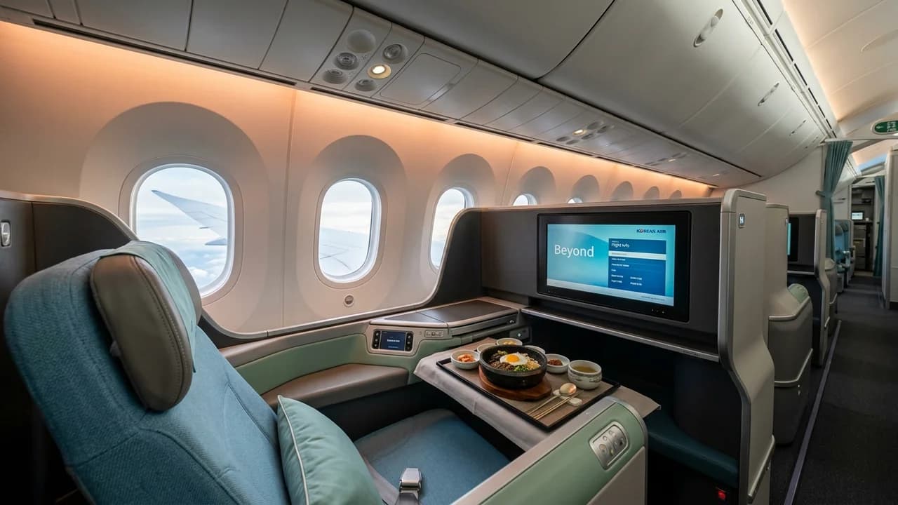 Korean Air business class cabin with lie-flat suite and premium amenities