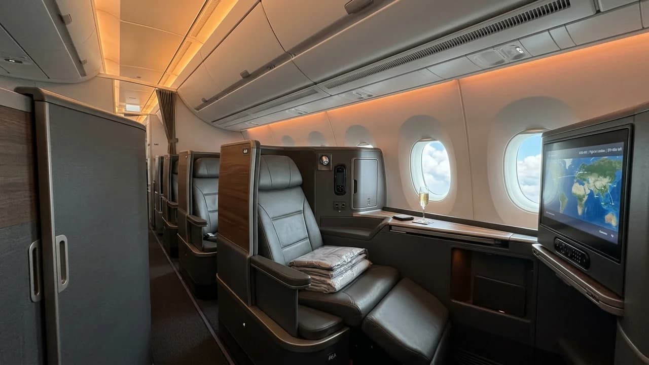 EgyptAir business class cabin with lie-flat suite and premium amenities