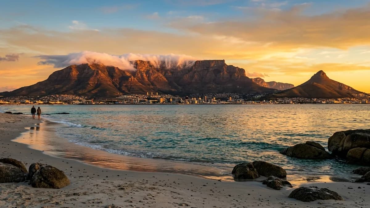 Table Mountain at golden hour viewed from Bloubergstrand beach in Cape Town