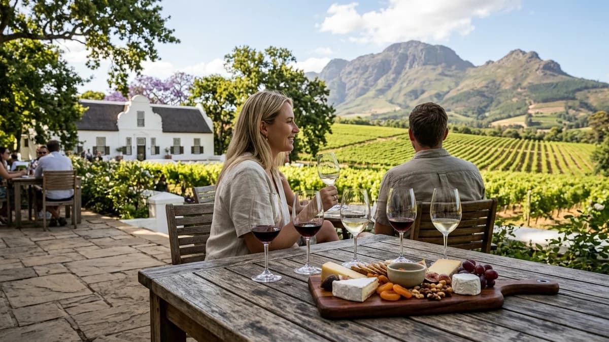 Outdoor wine tasting with vineyard views at a Cape Winelands estate near Cape Town