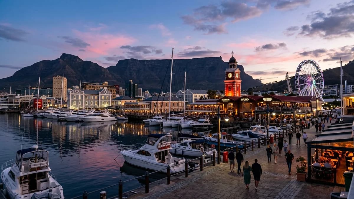 V&A Waterfront in Cape Town at dusk with yachts, historic buildings, and Table Mountain backdrop