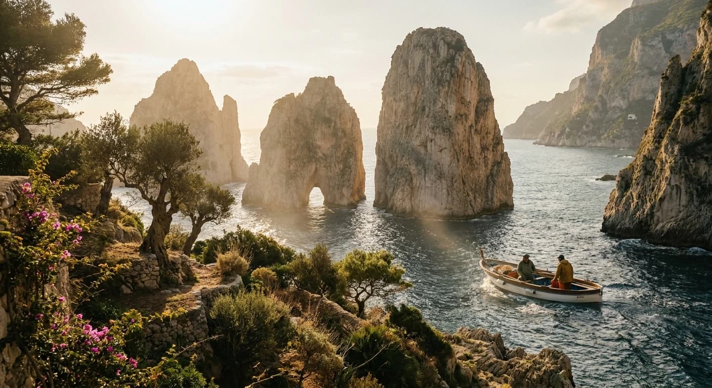 Iconic Faraglioni rock formations rising from the turquoise waters of Capri