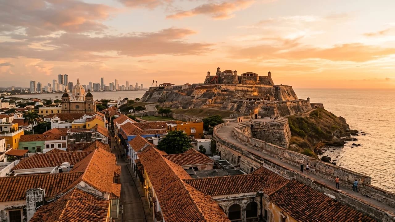 Iconic landmark in Cartagena, Colombia at golden hour