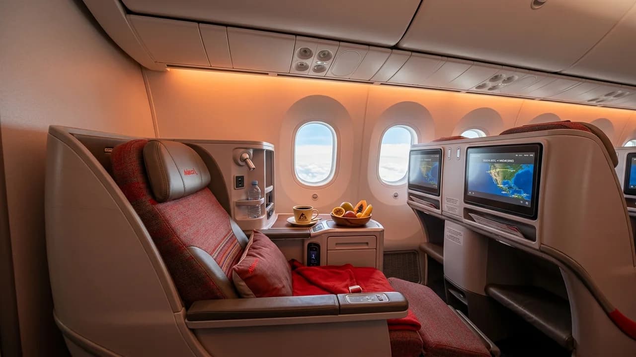 Avianca business class cabin with lie-flat suite and premium amenities