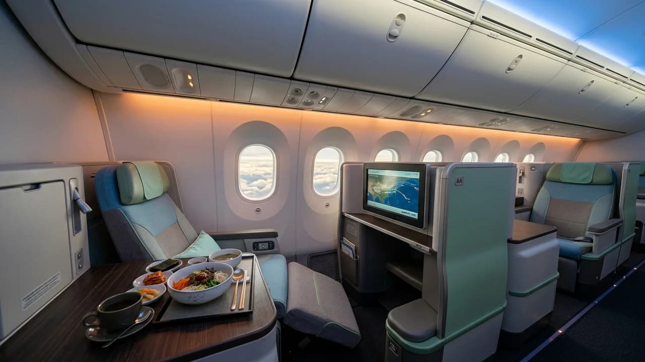 Korean Air business class cabin with lie-flat suite and premium amenities