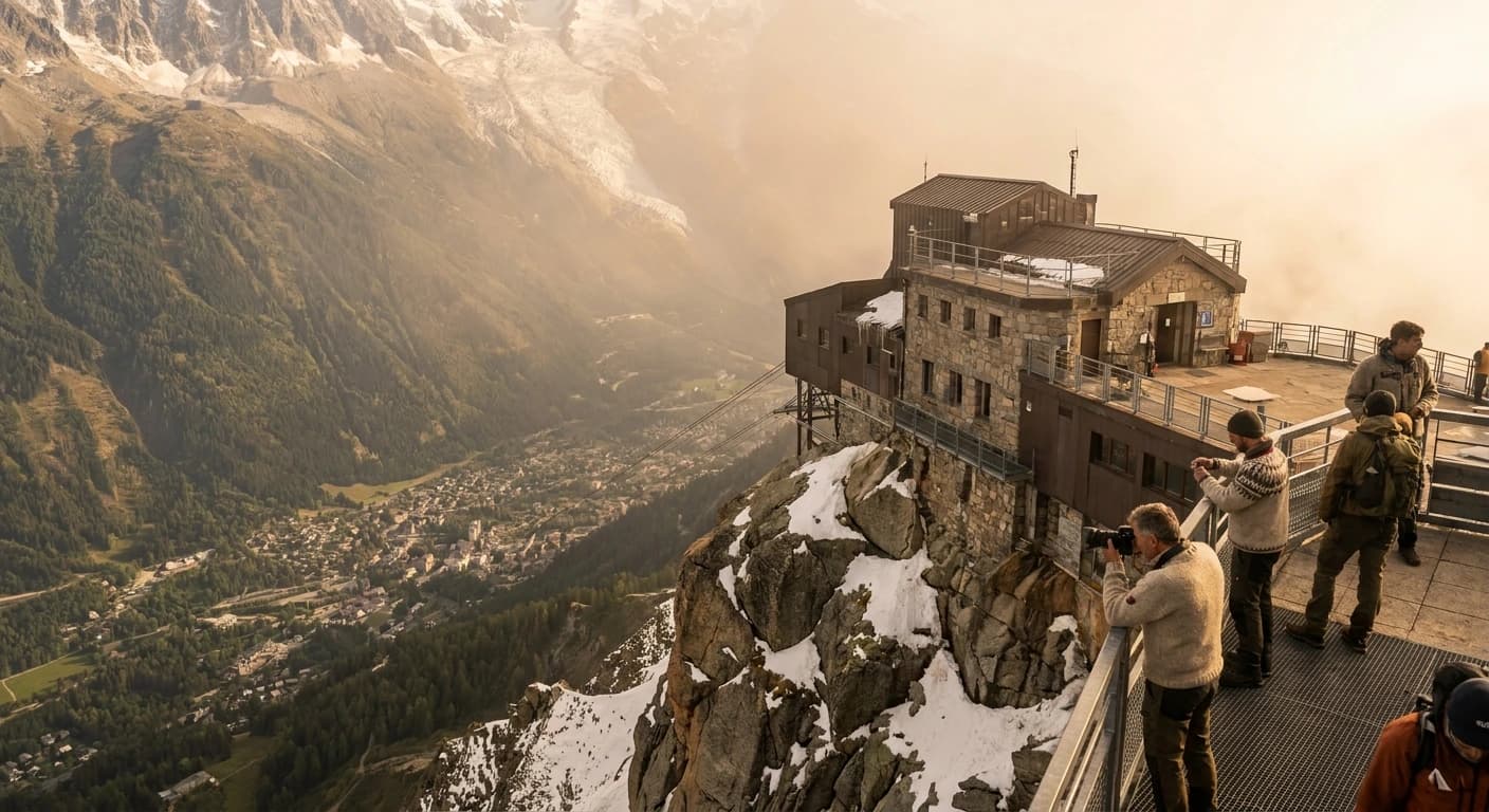 Aiguille du Midi cable car ascending above Chamonix valley with Mont Blanc in background