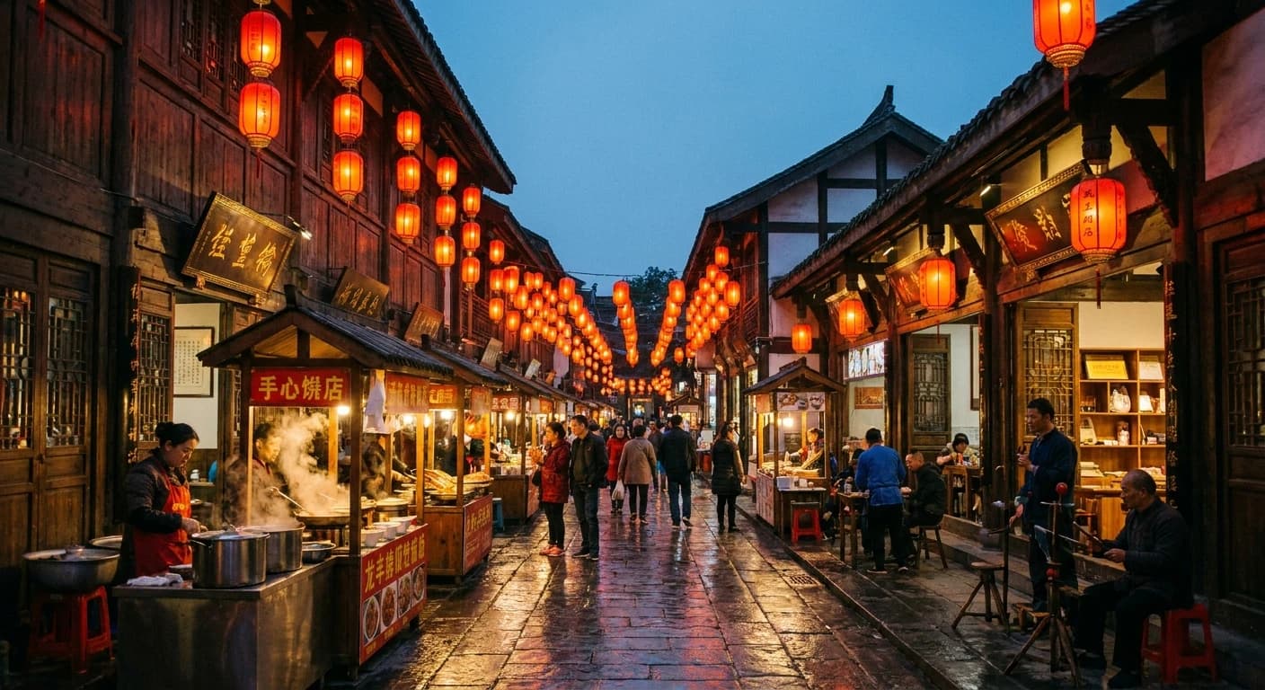 Traditional Jinli Ancient Street in Chengdu at dusk