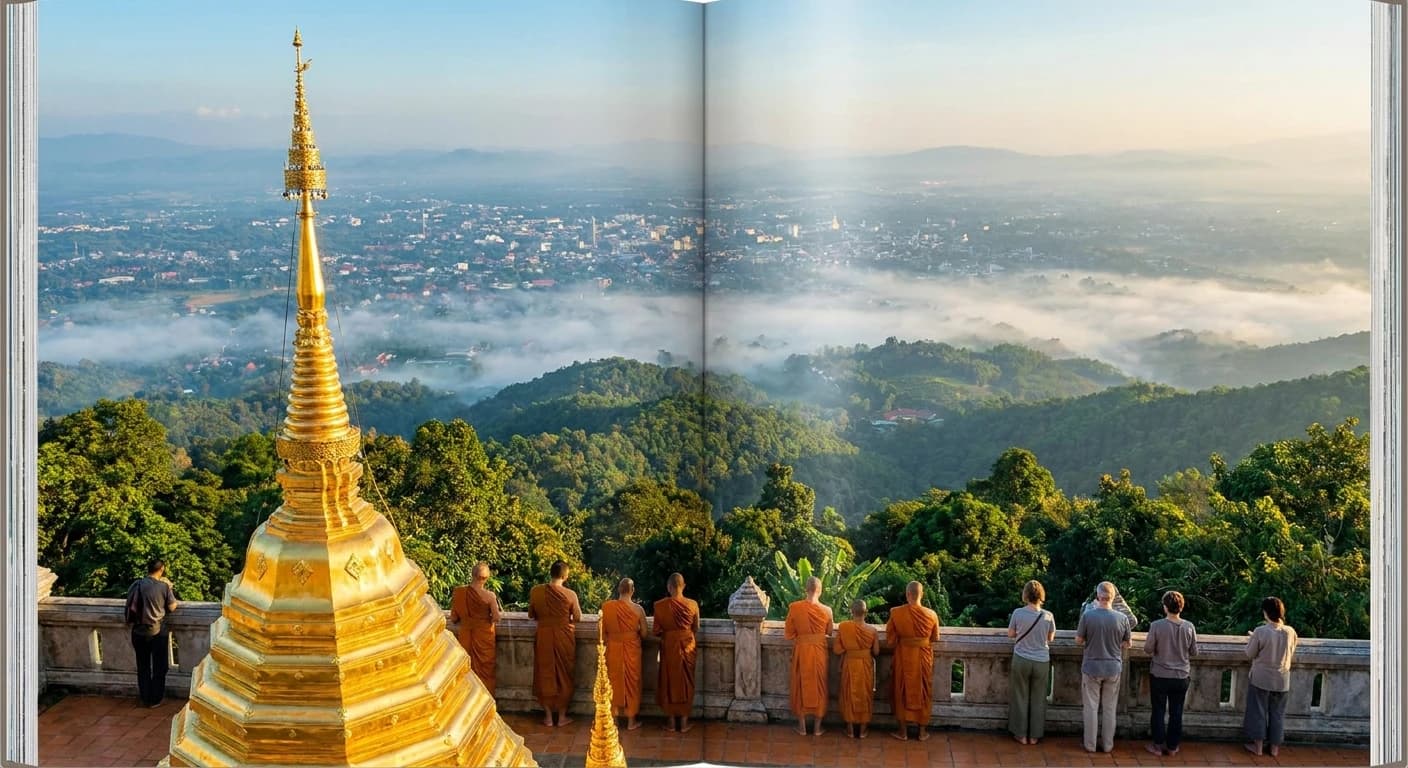 Golden temple spire at Doi Suthep overlooking Chiang Mai valley