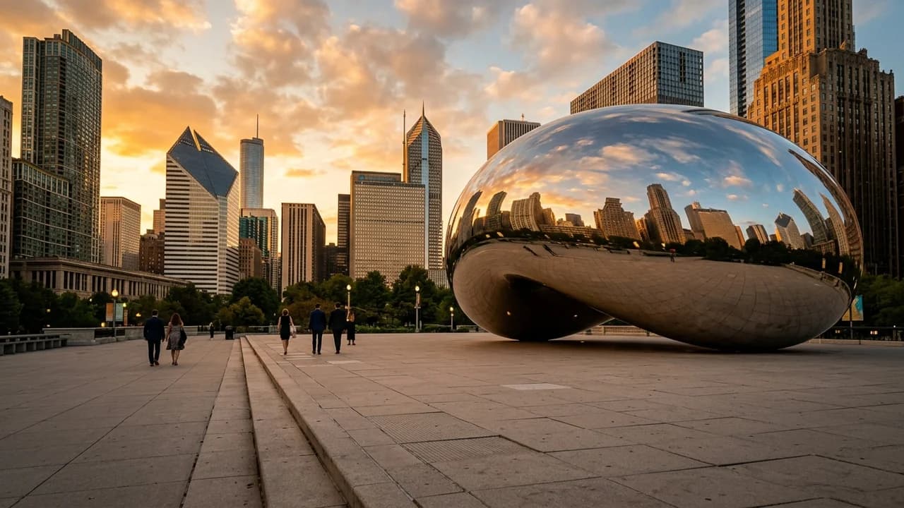 Iconic landmark in Chicago, the United States at golden hour