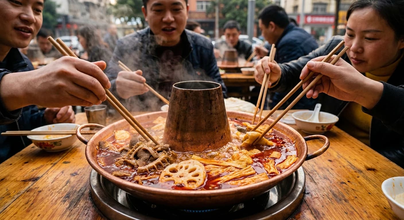 Authentic Chongqing hotpot with fiery red oil broth